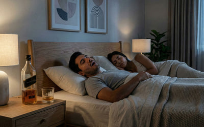 Hombre dormido con la boca abierta tras beber alcohol, mostrando ronquidos fuertes por posible apnea del sueño junto a su pareja.