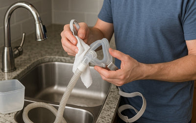 Persona limpiando mascarilla y tubo de CPAP en fregadero, siguiendo una rutina de higiene recomendada para mantener el equipo seguro.