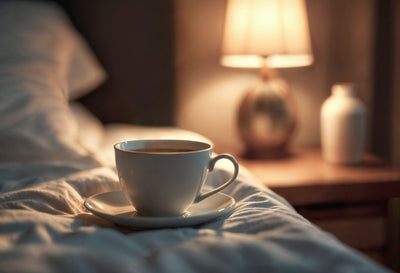 Taza blanca sobre una cama junto a una lámpara nocturna encendida que representa la relación entre el café y calidad de sueño.