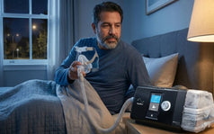 Hombre en cama por la noche con su máscara CPAP y unidad CPAP en la mano, viendo como el humidificador de su equipo presenta condensación o rainout.