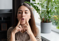 Mujer practicando ejercicios de terapia miofuncional para fortalecer los músculos orofaciales y apoyar el tratamiento de la apnea del sueño.