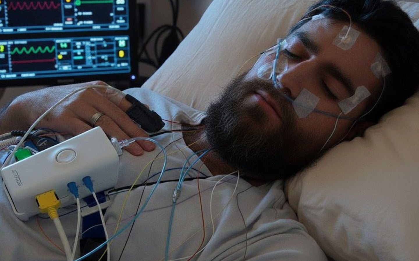 Hombre con barba durmiendo mientras le realizan una polisomnografía nocturna con sensores cerebrales, cardíacos y de oxígeno.