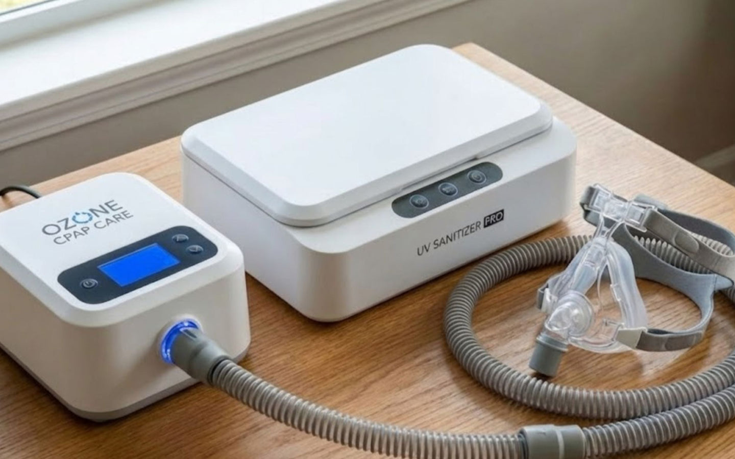 Máquina de ozono y una máquina de luz ultravioleta junto a una mascarilla CPAP y manguera colocadas en una mesa para ilustrar métodos de limpieza.