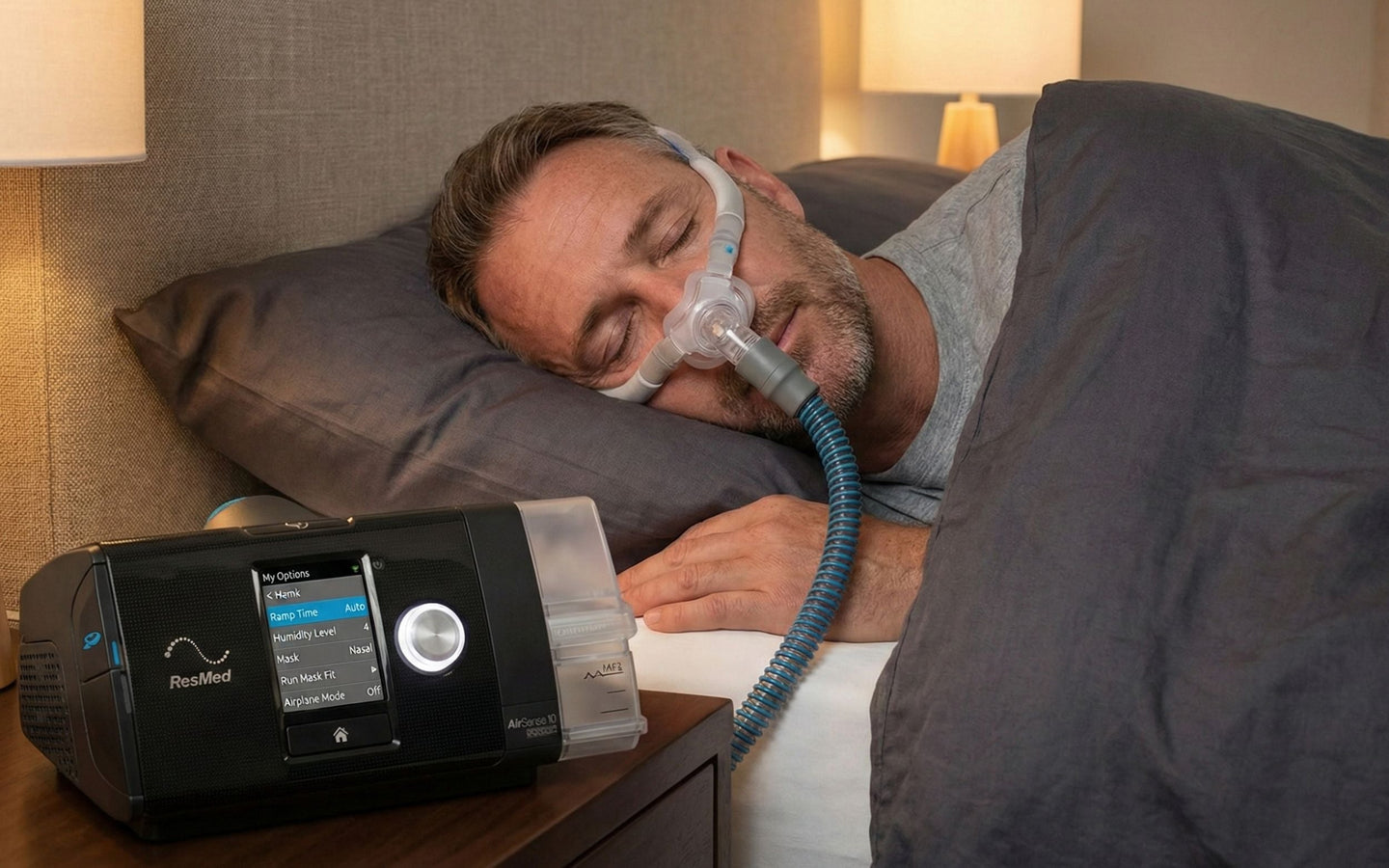 Hombre durmiendo con mascarilla nasal conectada a un CPAP ResMed mientras el equipo muestra la opción de rampa.