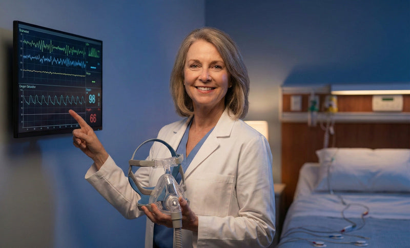 Somnóloga analizando gráficas de monitoreo, respondiendo visualmente a qué especialista trata la apnea del sueño mediante tecnología médica.